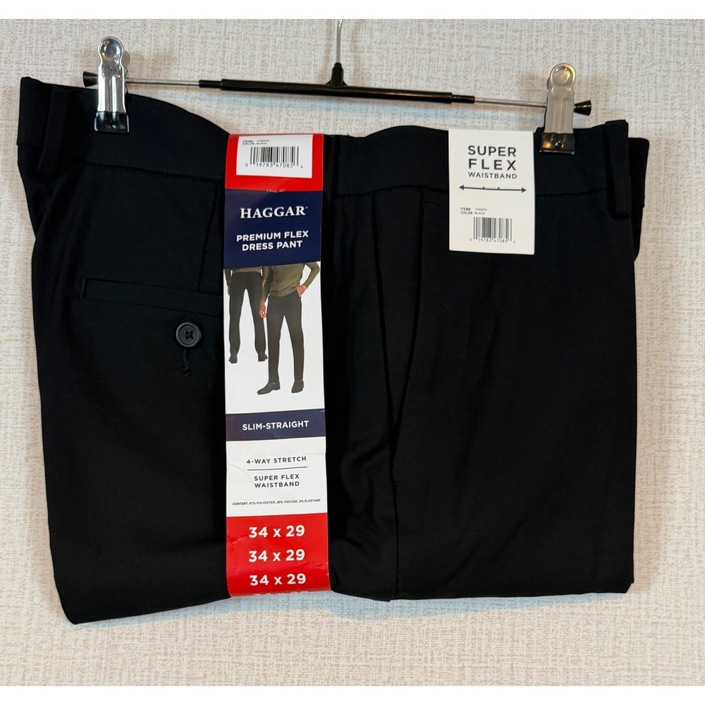 Haggar Men Premium Flex Dress Pant Black Slim Straight 34x29 Super Flex Business